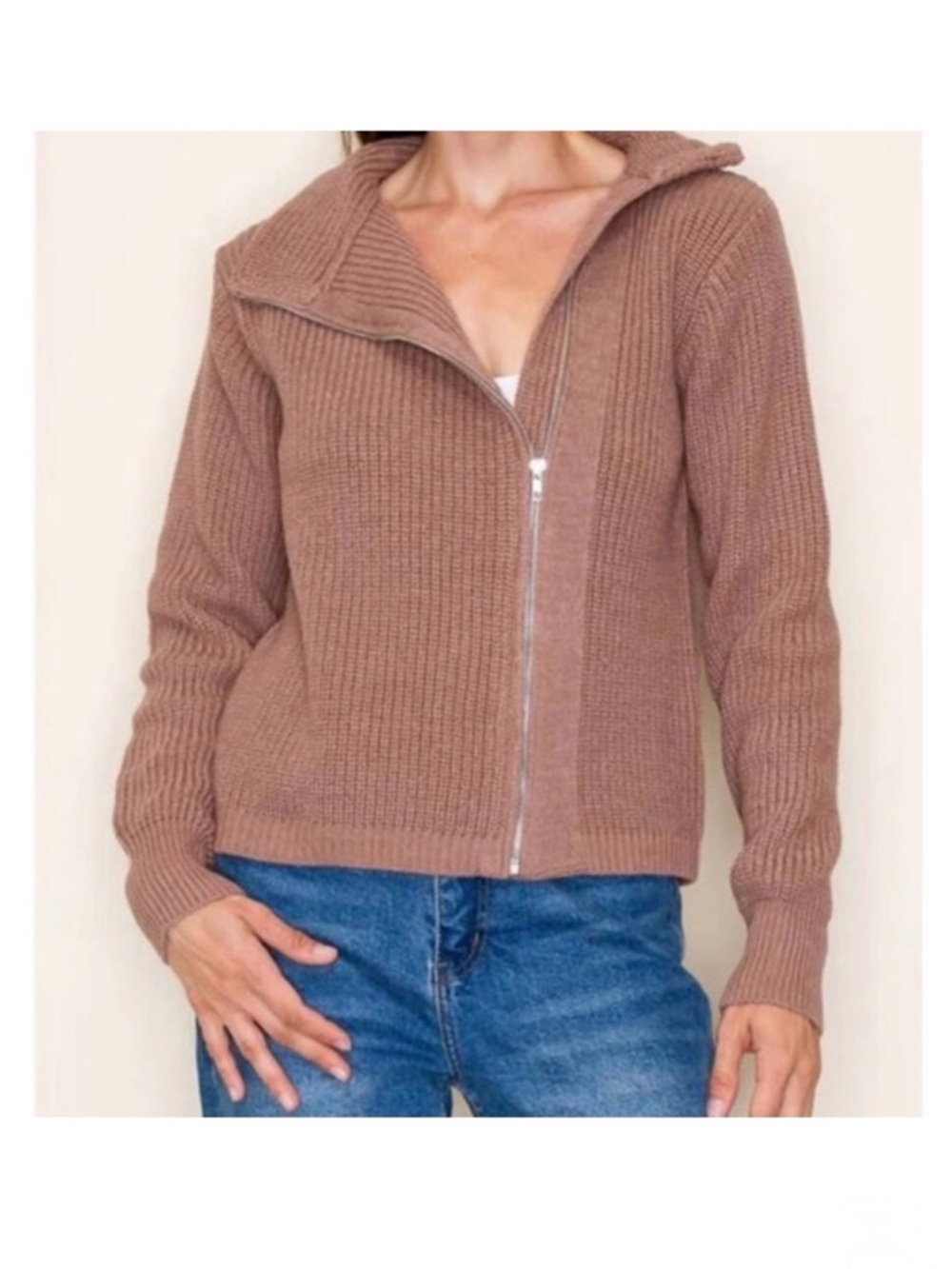 Staccato Brown Cotton Blend Chunky Knit‎ Off Center Full Zip Cardigan Sweater L